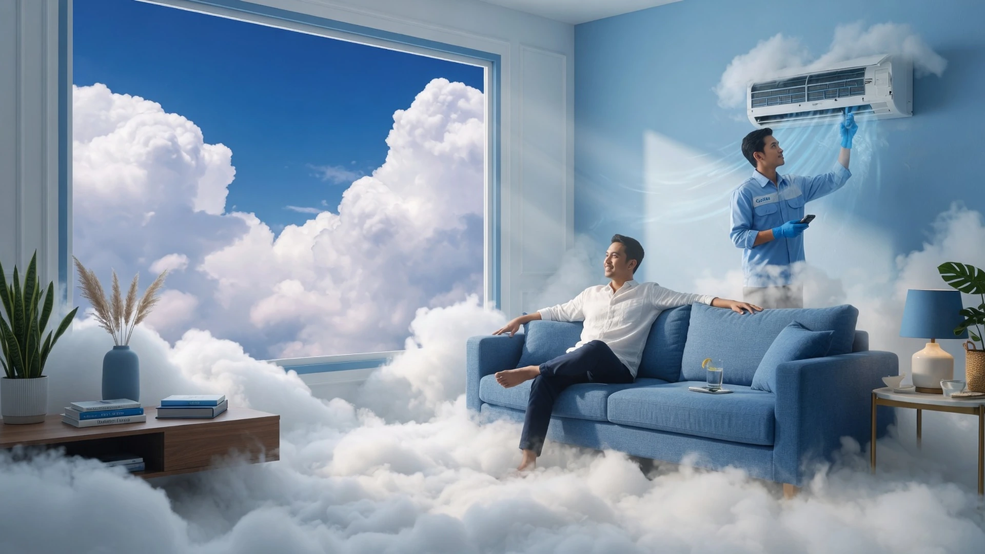 Ruang tamu biru surreal di atas awan dengan pelanggan rileks dan teknisi AC